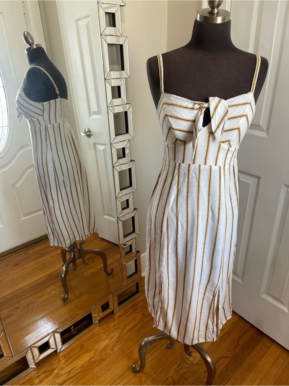 SO White Midi Dress with Gold Stripes and Tie Front